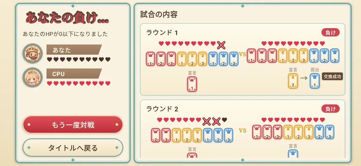 勝負の結果と、ラウンドごとの記録